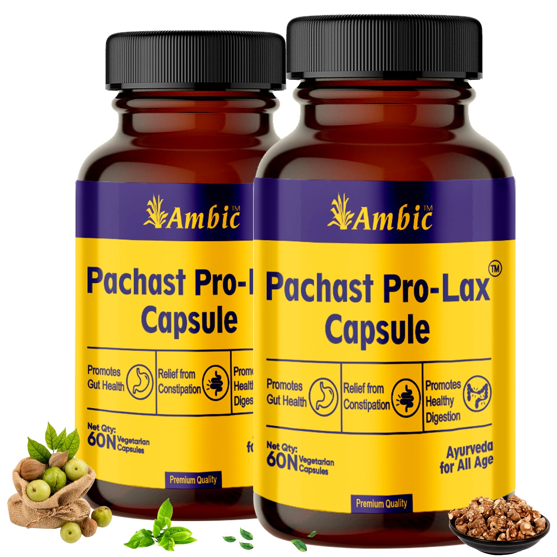 AMBIC PACHAST Pro-Lax Capsules Constipation Relief Medicine - 120 Capsule for Acidity Relief, Bloating and Gas Relief,Digestive Enzymes by Triphala Powder (Pack of 1)