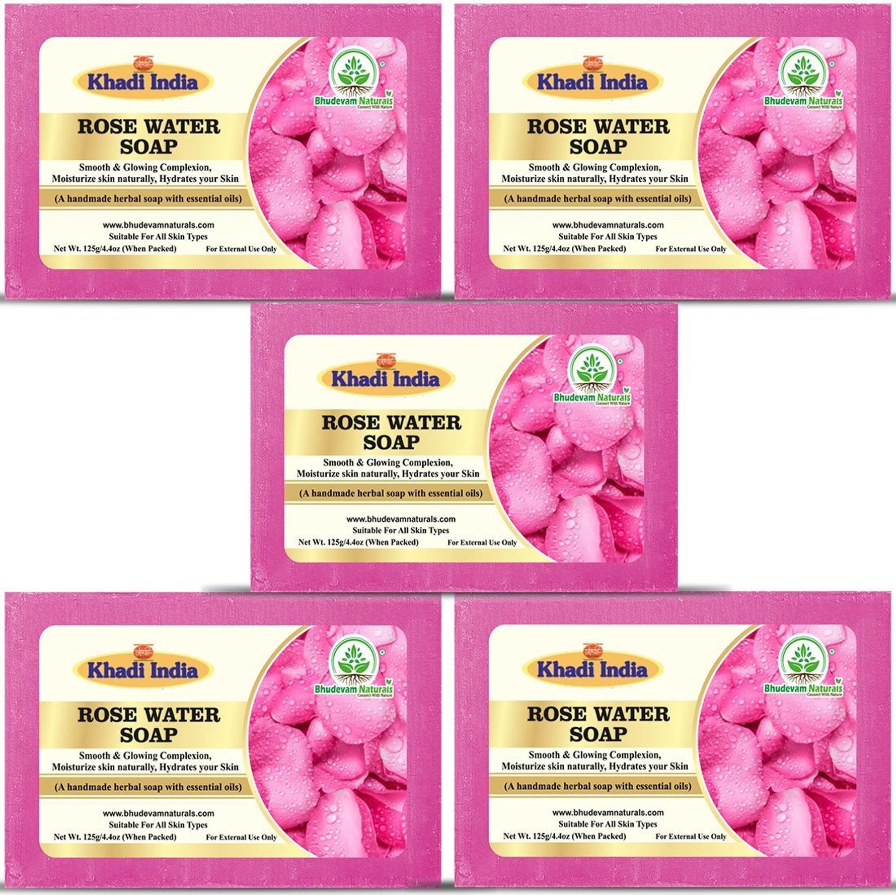 Bhudevam Naturals Khadi Rosewater Soap for SKin & Body – Natural Moisturizing Cleanser, Keeps Skin Fresh, Soft & Fragrant All Day- 500GM (Pack of 4)