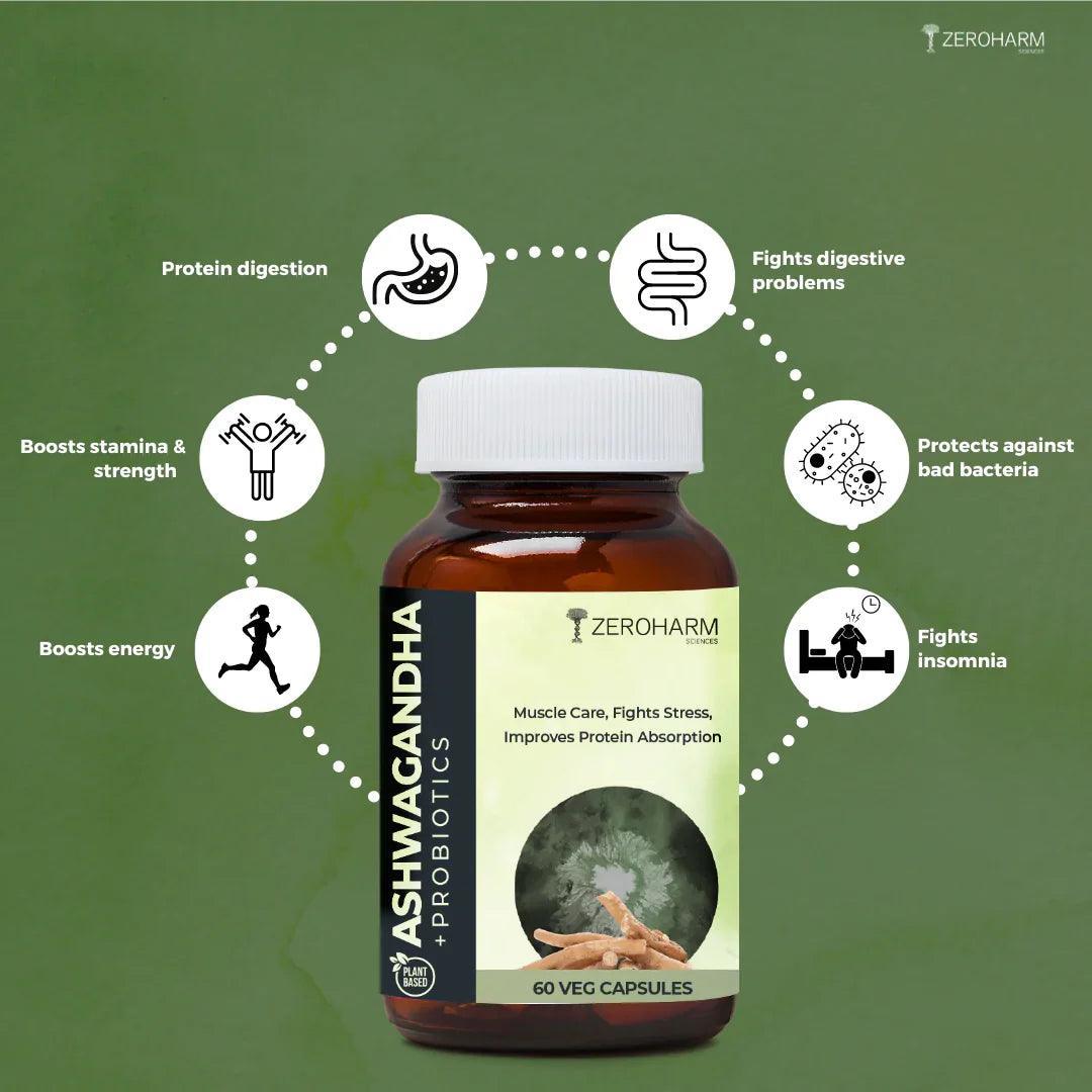 ZEROHARM Ashwagandha + Probiotics for Stress, Anxiety Relief, Nutrient Absorption and Digestive Health for Men & Women - 60 Capsules