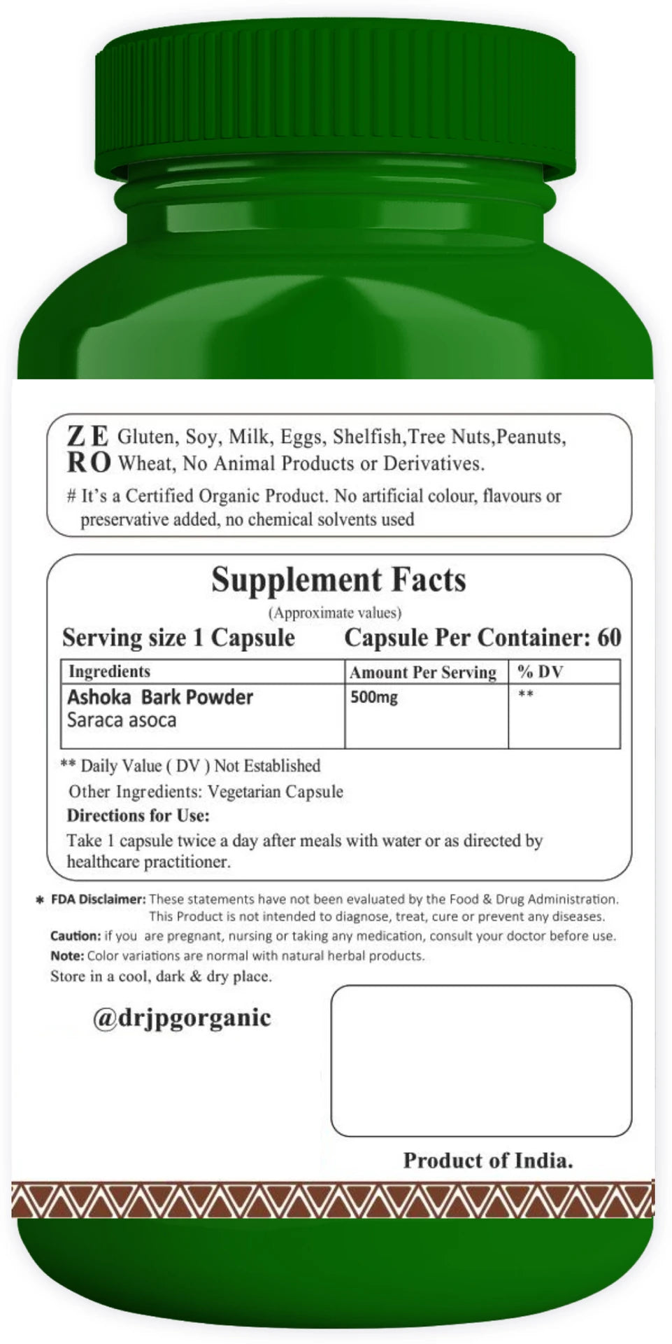 DR. JPG Organic Ashoka Bark Capsules (500mg, 60 Veg Capsules) | 100% Certified Organic Saraca Indica