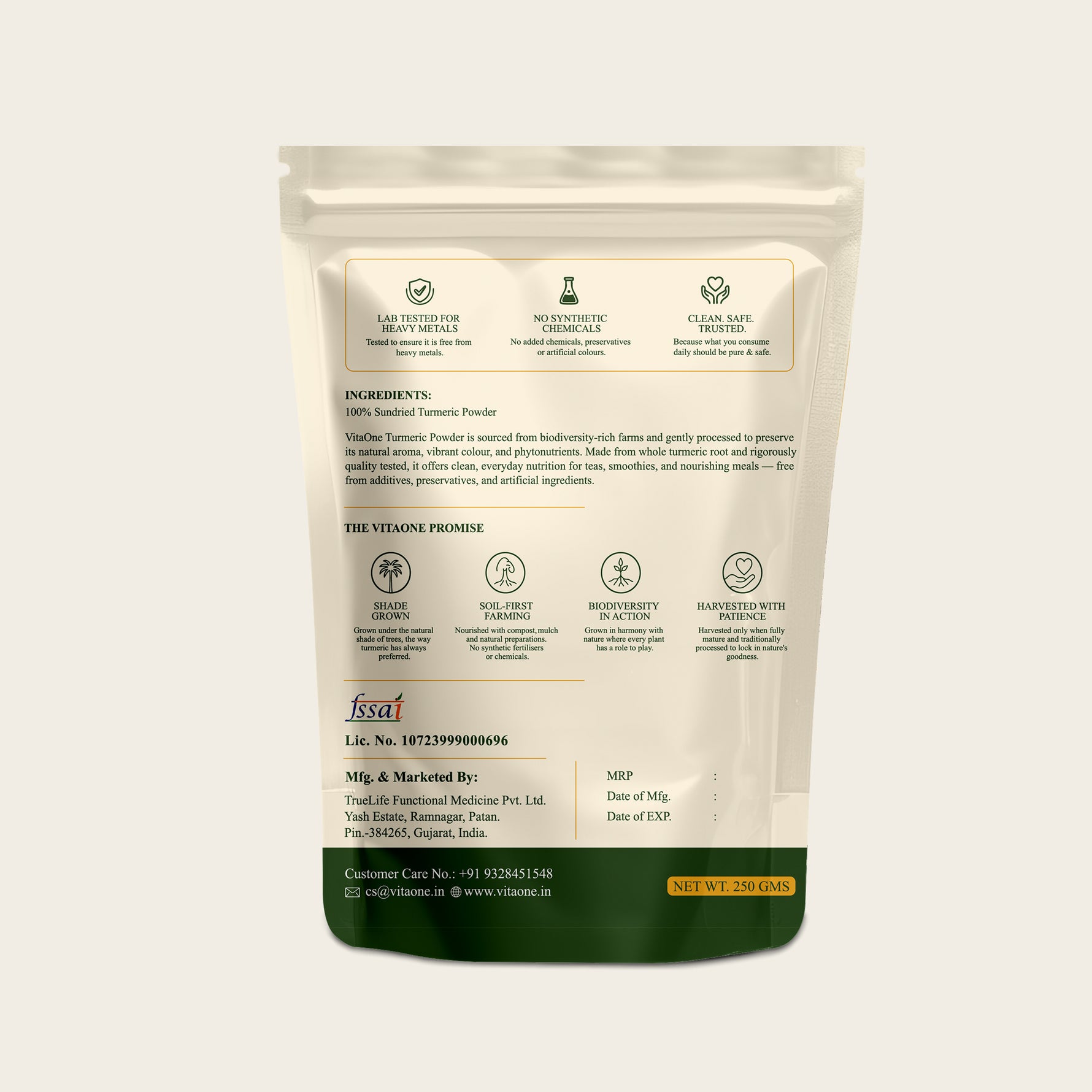 Vitaone Pure Organic Turmeric Powder (250g) | High Curcumin Formula for Immunity, Joint Care & Overall Wellness