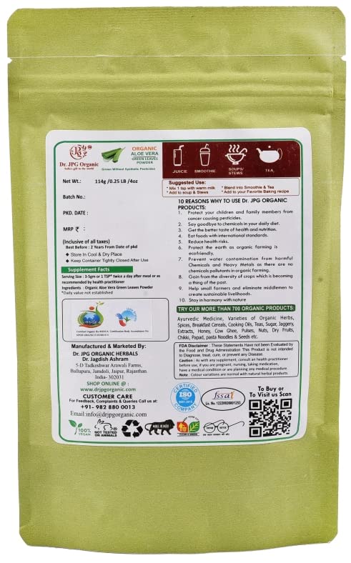 DR. JPG Organic Aloe Vera Leaf Powder (228g) – 114g (Pack of 2) | For Skin, Hair & Digestive Health | 100% Certified Organic