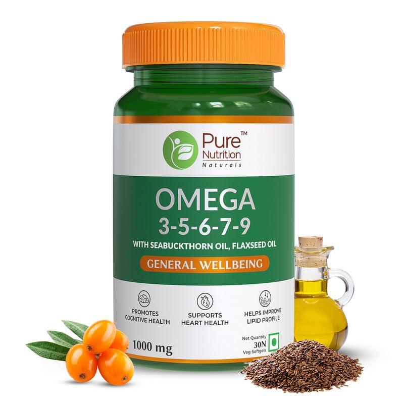 Pure Nutrition Omega 3-5-6-7-9 with Seabuckthorn & Flaxseed Oil | Veg Softgels for Heart & Brain Health - 60 Softgels