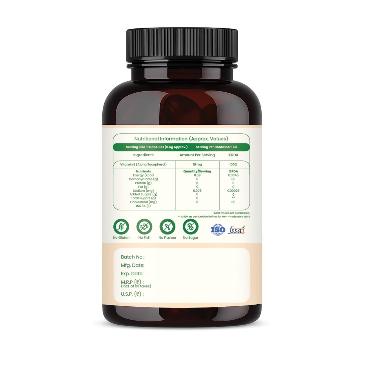 NAVR Vitamin-E Capsules 10mg Alpha Tocopherol | For Healthy Skin, Strong Hair, Reduced Dark Circles & Immunity Support | No Gluten, Sugar, or Fish,60 Veg Capsules