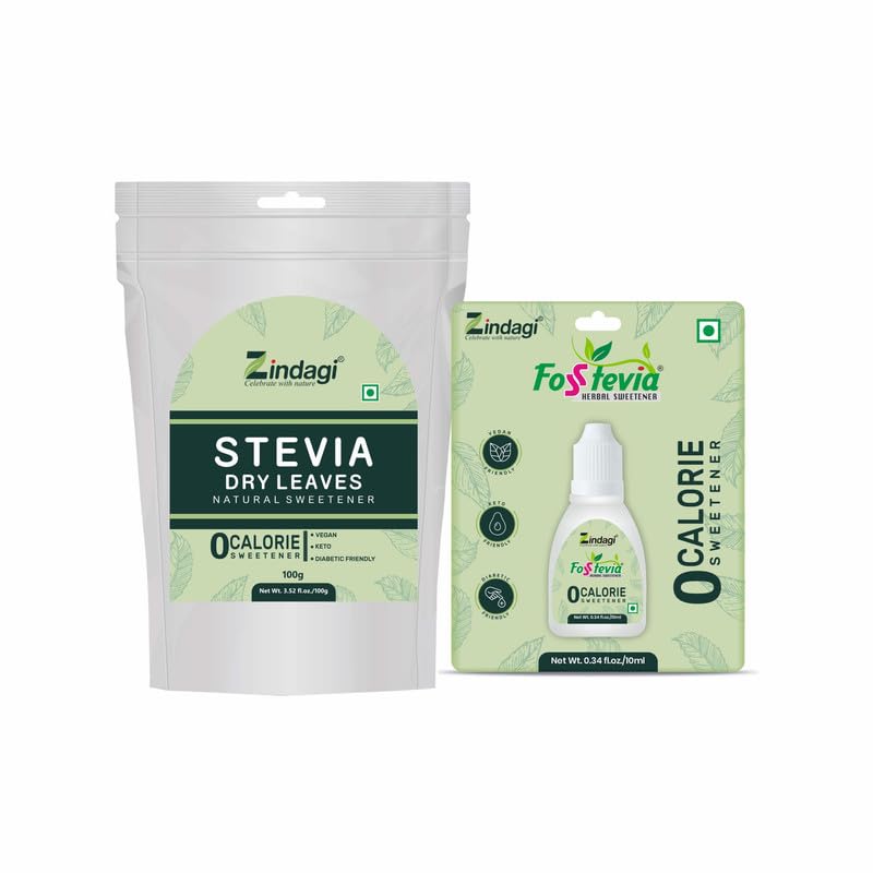 Zindagi Stevia Dry Leaves & Stevia Liquid Drops | 100% Natural Zero-Calorie Sugar-Free Sweetener Combo Pack