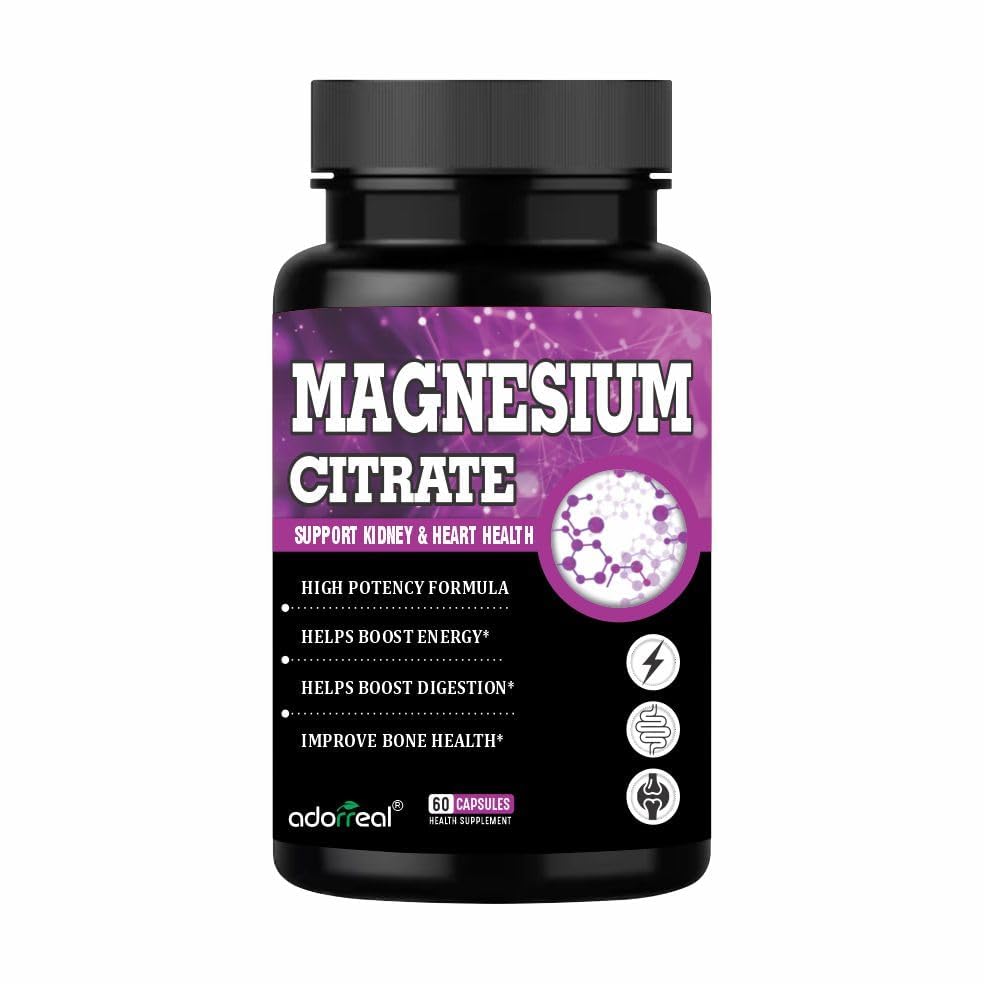 Adorreal Magnesium Citrate Capsules (60 Capsules) | High Absorption Mineral Supplement for Muscle Relief, Bone Strength, Nerve Support & Relaxation