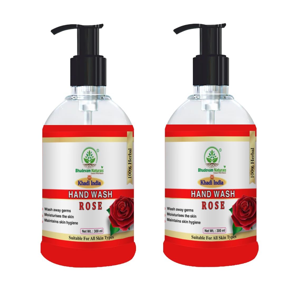 Bhudevam Naturals Khadi Rose Hand Wash with Natural Rose Extract | Gentle Cleanser for Soft, Fresh & Fragrant Hands- 600ML (Pack of 2)