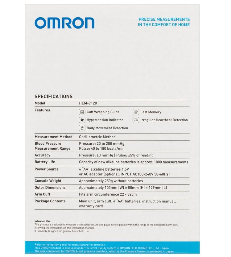 Omron HEM-7120 BP Monitor Fully Automatic Digital With Intellisense Technology For Most Accurate Measurement - Arm Circumference (22-32Cm)