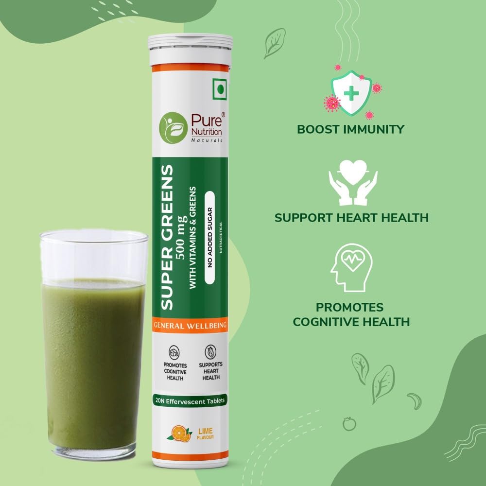 Pure Nutrition Super Greens 500mg Effervescent Tablet Lime - 20 Tablets