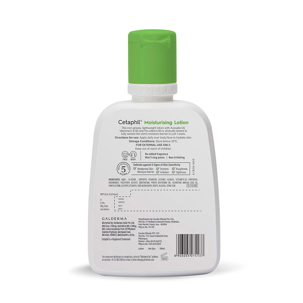 Cetaphil Moisturising Lotion with Avocado Oil, Vitamin E, B3 & B5 | For Normal to Combination, Sensitive Skin - 100ml