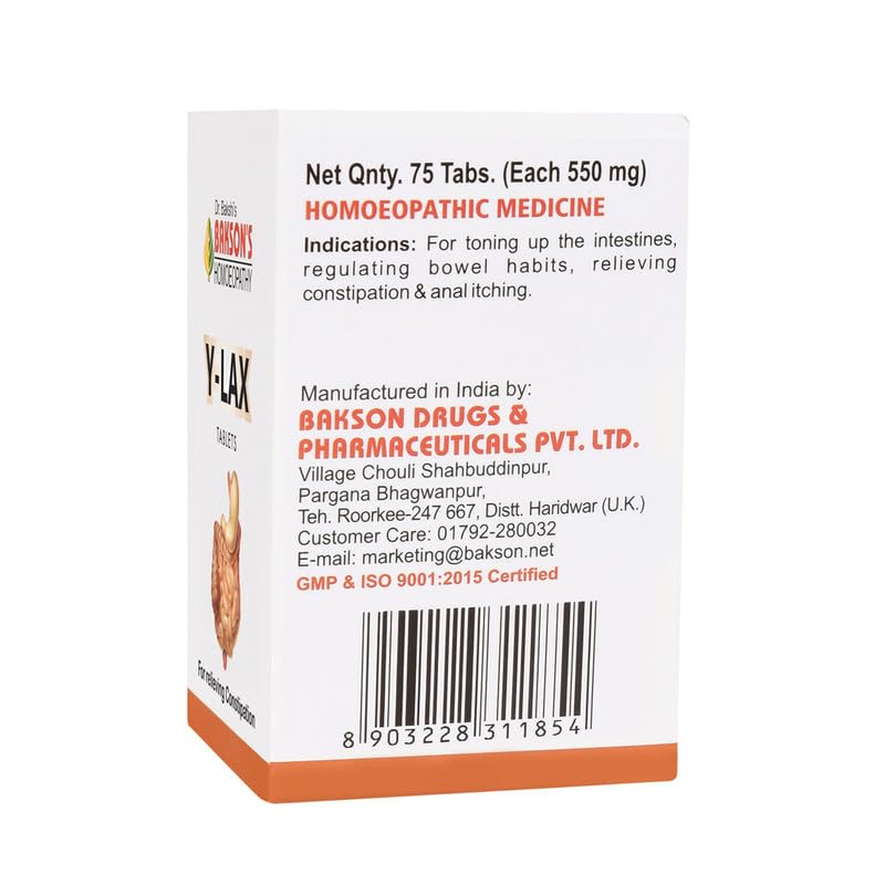 Bakson's Homoeopathy Y-Lax Tablet - Tones Up The Intestines | Regulates Bowel Habits and Relieves Constipation | 150 Tablets (2 Packs of 75 Units Each)