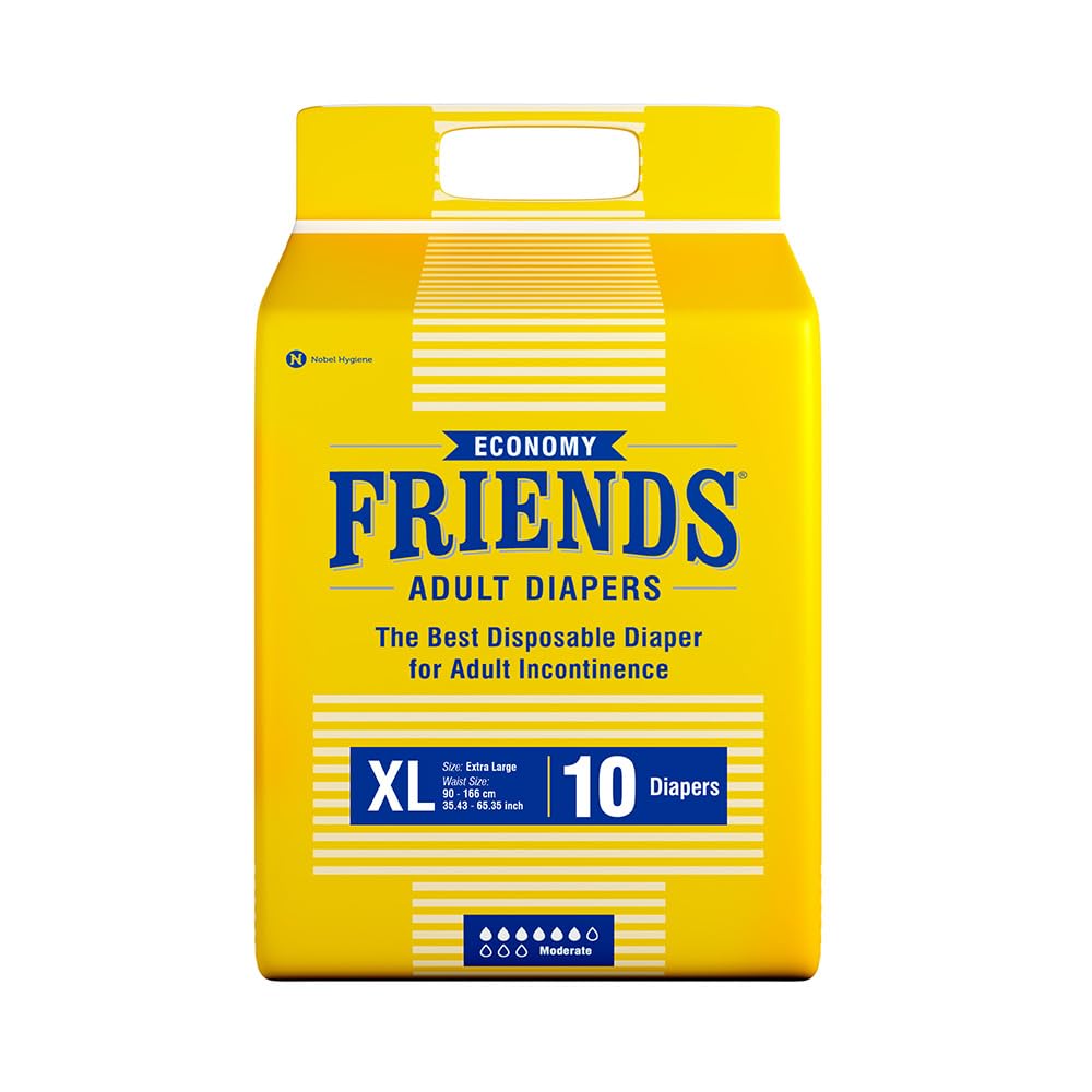 Friends Economy Adult Diaper Tape XL - 10 Count with odour lock, Unisex, Leakproof, Wetness Indicator and Anti-Bacterial Absorbent Core - Waist Size 35.43-65.35 inch; 90-166 cm