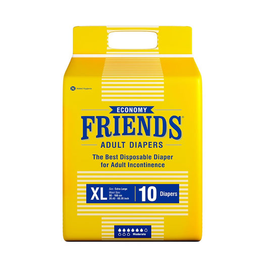 Friends Economy Adult Diaper Tape XL - 10 Count with odour lock, Unisex, Leakproof, Wetness Indicator and Anti-Bacterial Absorbent Core - Waist Size 35.43-65.35 inch; 90-166 cm
