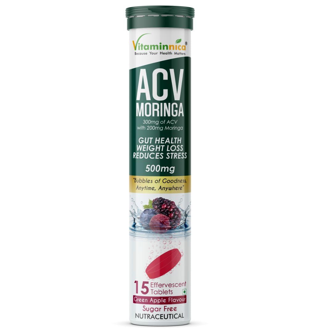 Vitaminnica ACV & Moringa Effervescent Tablets - Mixberries Craving & Gut Support, 15 Count