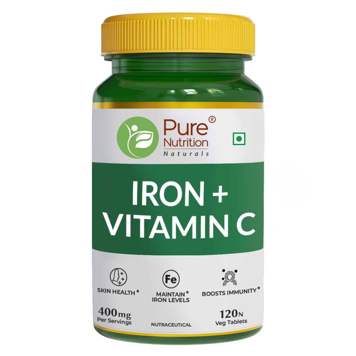 Pure Nutrition Iron + Vitamin C Tablets - 400mg for Men & Women | Supports Haemoglobin, Boosts Immunity, Improves Skin Health & Maintains Iron Levels | Energy & Vitality – 120 Veg Tablets