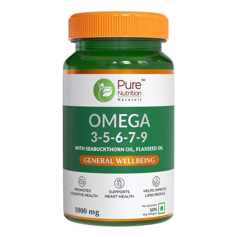 Pure Nutrition Omega 3-5-6-7-9 with Seabuckthorn & Flaxseed Oil | Veg Softgels for Heart & Brain Health - 60 Softgels