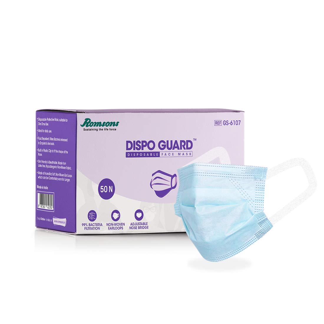 Romsons Gs-6107 Dispo Guard Face Mask 3 Layer with Melt Blown Filter (50 Each)
