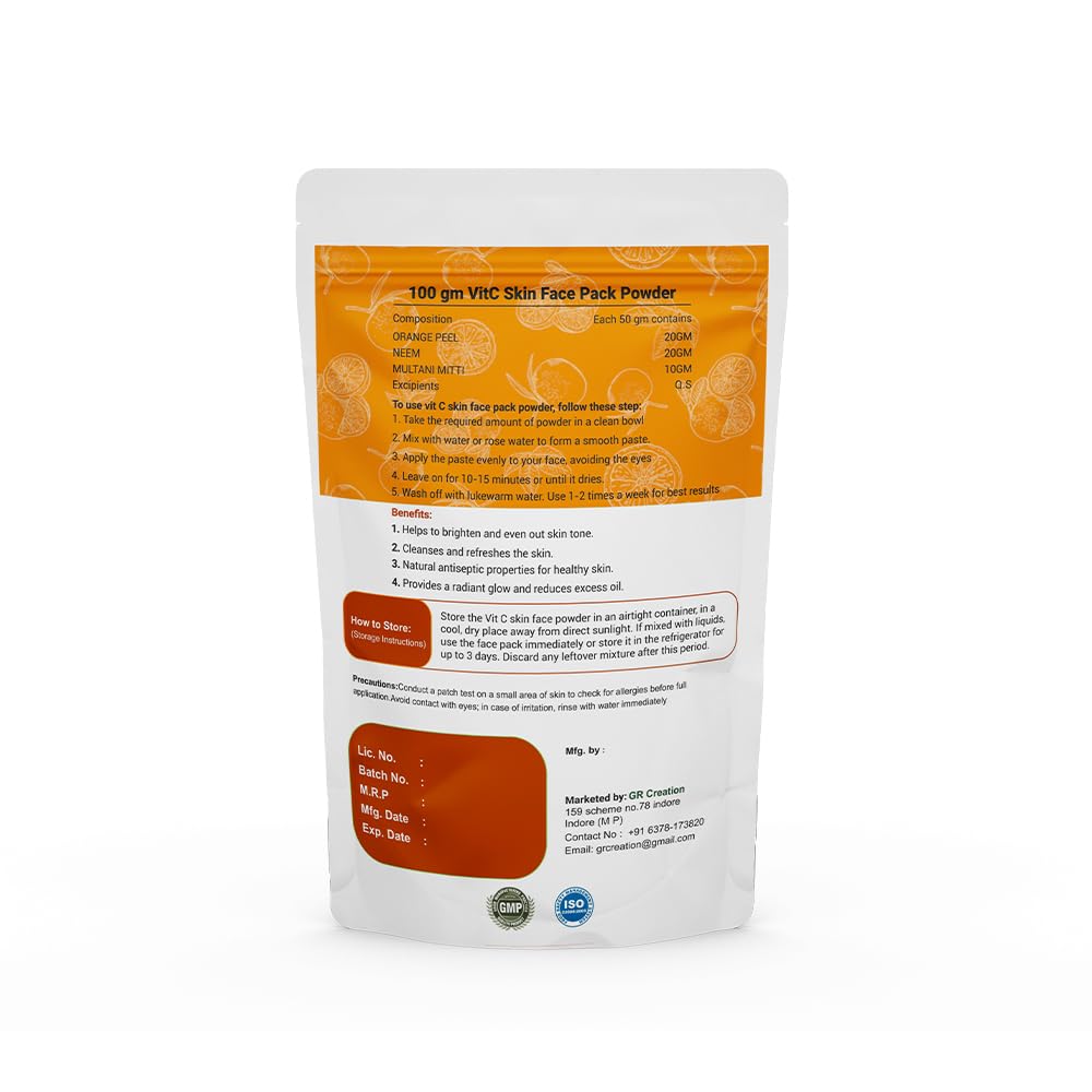 Vital Leaf Vitamin C Face Pack Powder – Ayurvedic Skincare with Orange Peel, Neem & Multani Mitti – 100g, Natural Face Mask for Glowing Skin