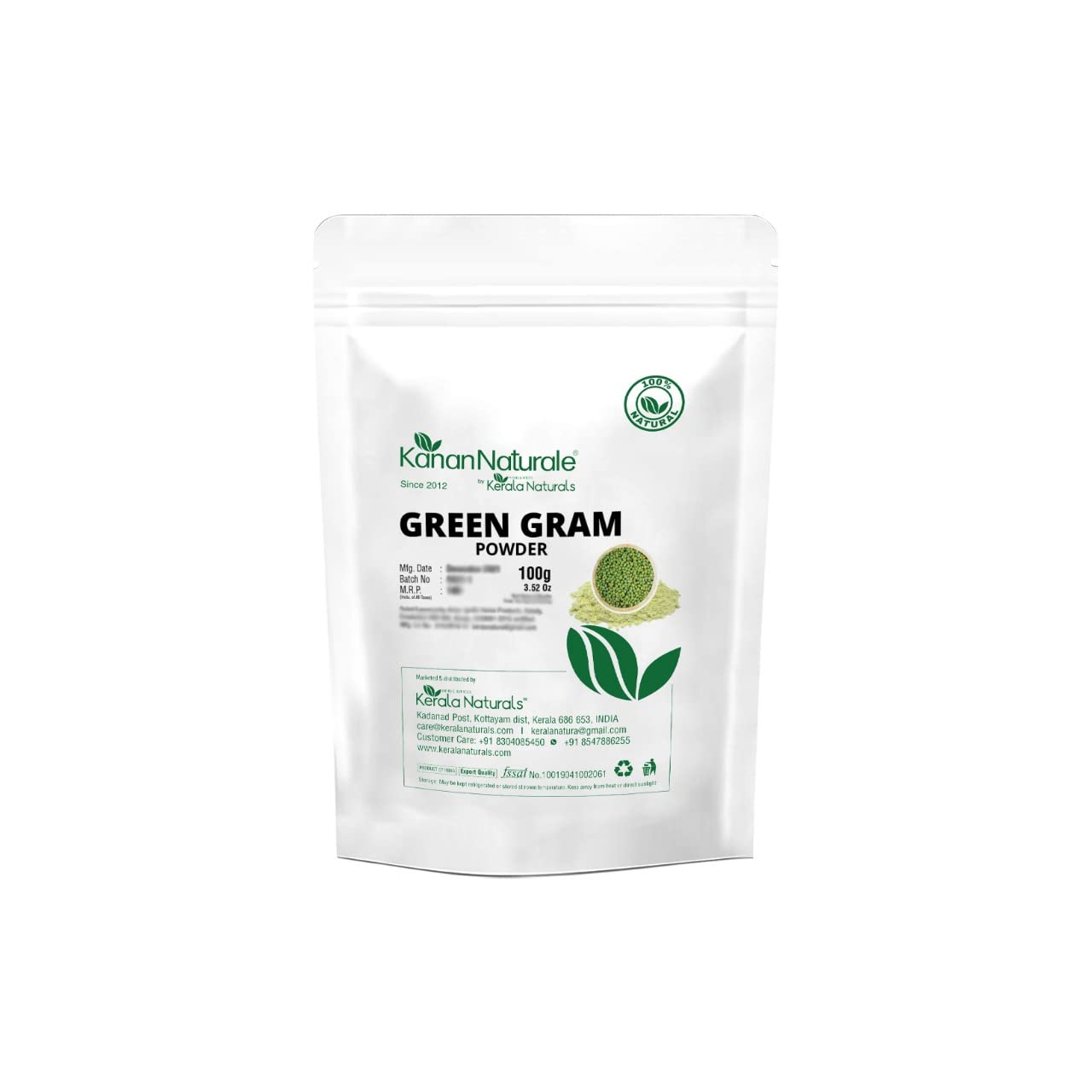 Kerala Naturals Green Gram Powder 100g - Natural Face Scrub & Body Cleanser