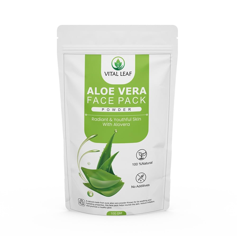 Vital Leaf Aloe Vera Face Pack Powder with Bentonite Clay, Natural Clay Mask for Cleansing and Skin Care, Suitable for All Skin Types, 3.5 oz (100g)