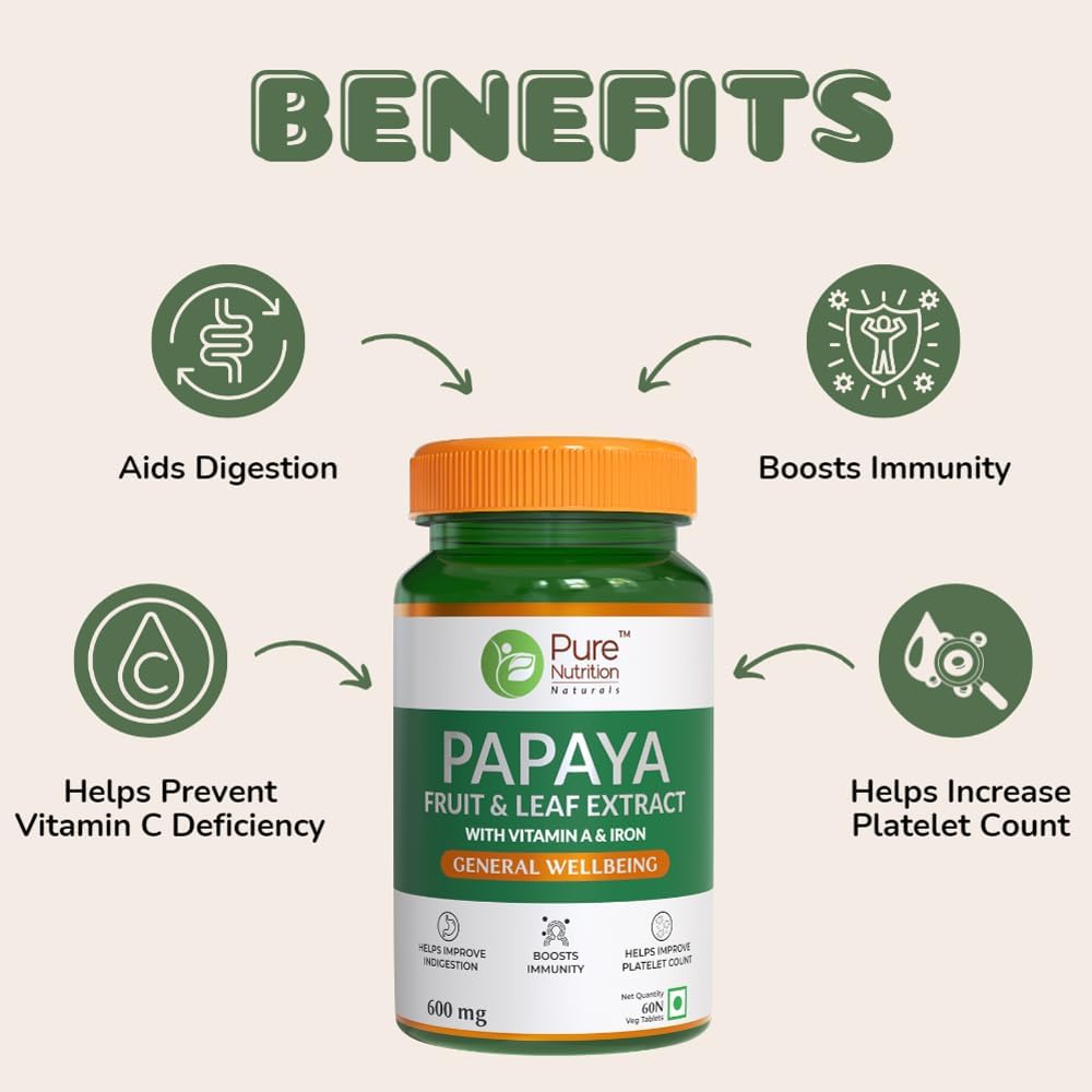 Pure Nutrition Papaya Fruit & Leaf Extract 120 Tablets | Herbal Wellness & Antioxidant Support