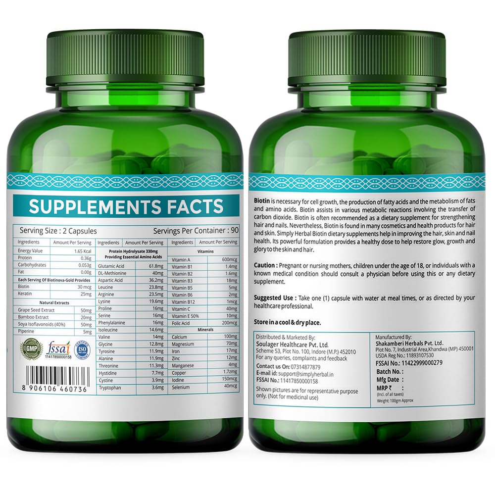 Simply Herbal Biotin 10000mcg | With Keratin & Amino Acids for Hair, Skin & Nails | Capsule (90 Capsules)