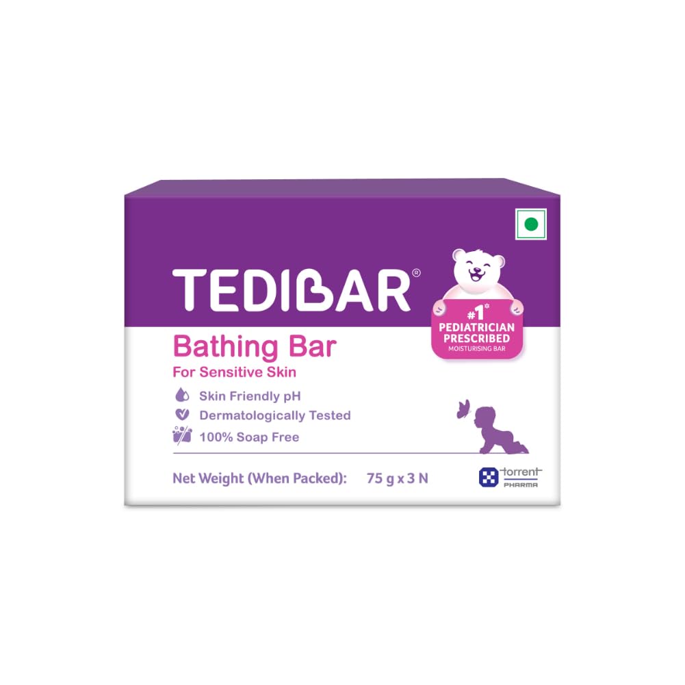 Tedibar Baby Bathing Bar for Sensitive Skin | Soap Free - Gentle Cleansing, Skin-friendly, pH 5.5, 75gm, Pack of 3