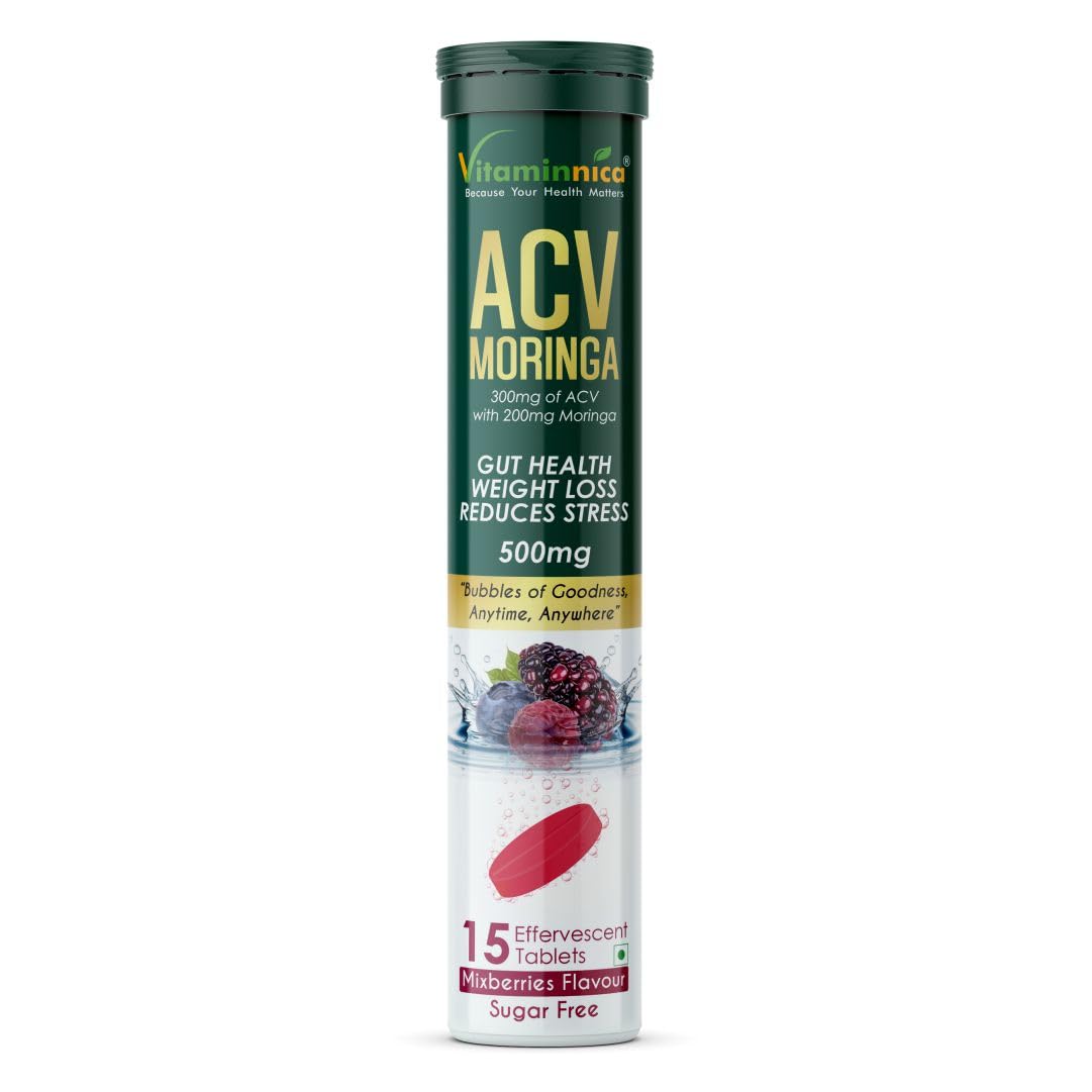 Vitaminnica ACV & Moringa Effervescent Tablets 500mg - Mixberry Craving & Gut Support, 15 Count