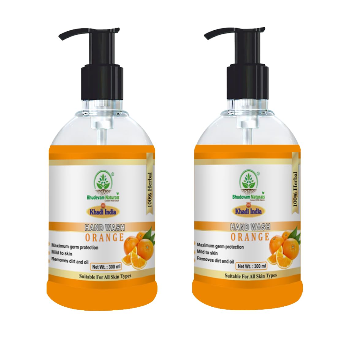 Bhudevam Naturals Khadi Orange Extract Hand Wash Refreshing Hand Cleanser for Soft Skin & Long-Lasting Freshness- 600ML (Pack of 2)