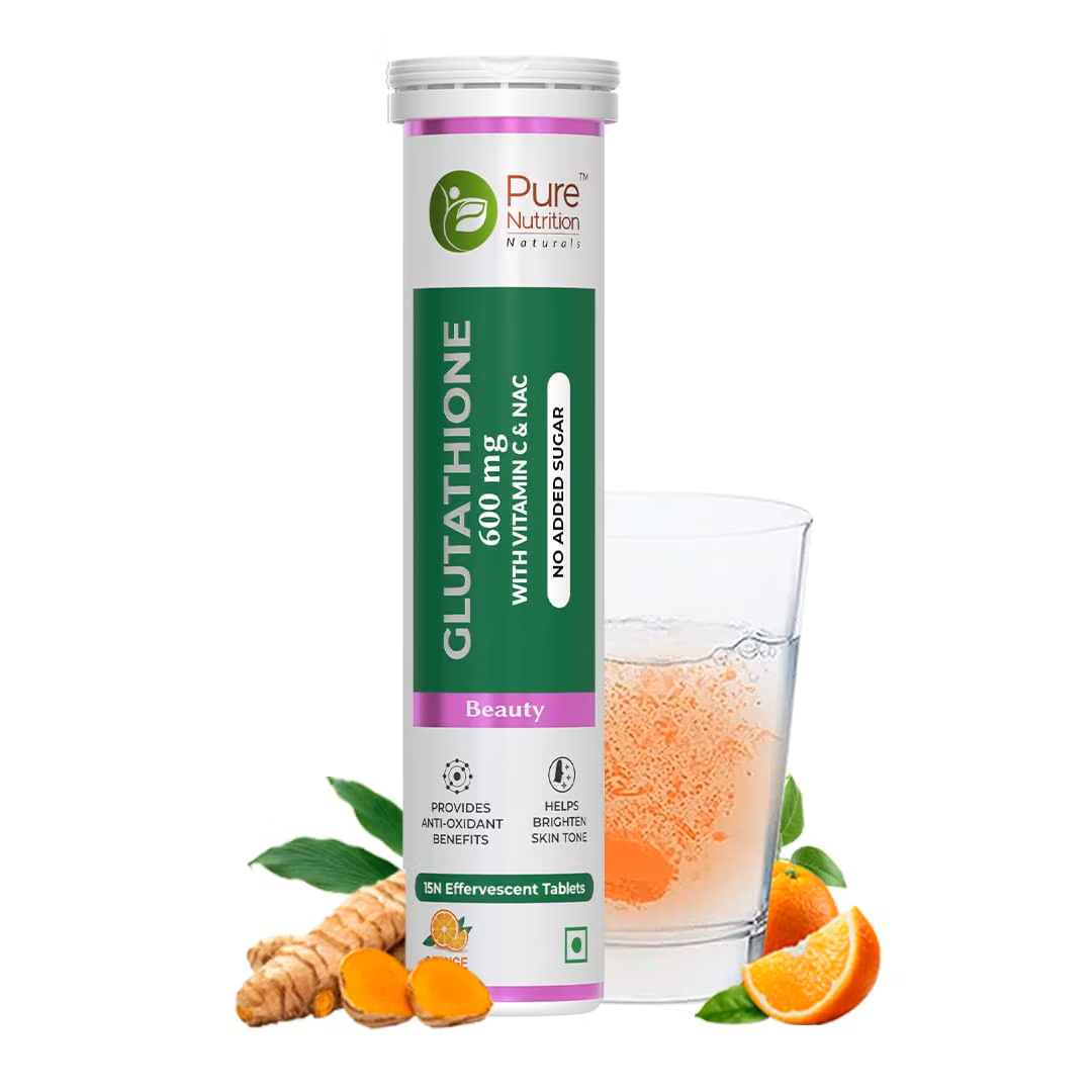 Pure Nutrition L-Glutathione Effervescent Tablets 600mg with Vitamin C | Glutathione Supplement | Antioxidant Support for Skin Health & Immune Support | Orange Flavour | 15 Effervescent Tablets
