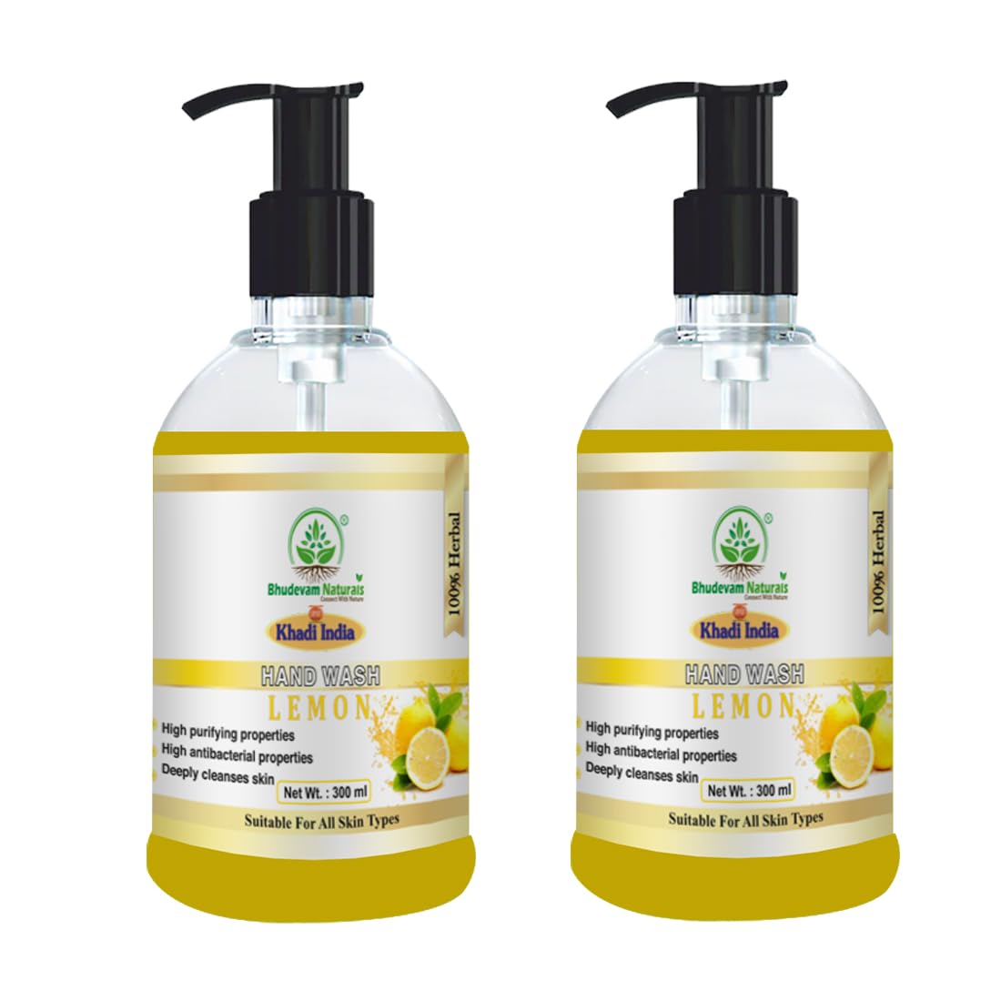 Bhudevam Naturals Khadi Lemon Antibacterial Hand Wash for Germ Protection, Odor Removal & Skin Care- 600ML (Pack of 2)
