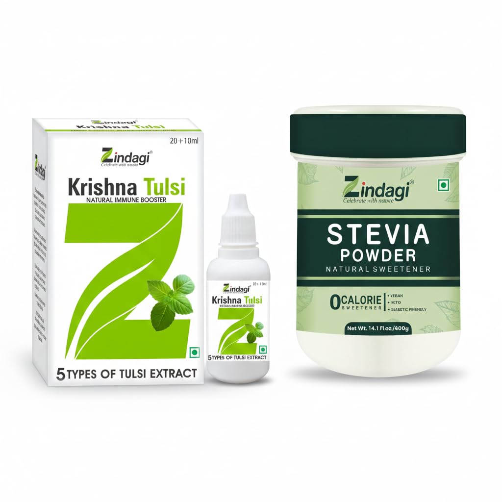 Zindagi Stevia Sugar-Free Powder (400 g Jar) with Free Krishna Tulsi Drops | 100% Natural Zero-Calorie Sweetener & Immunity Booster Combo Pack
