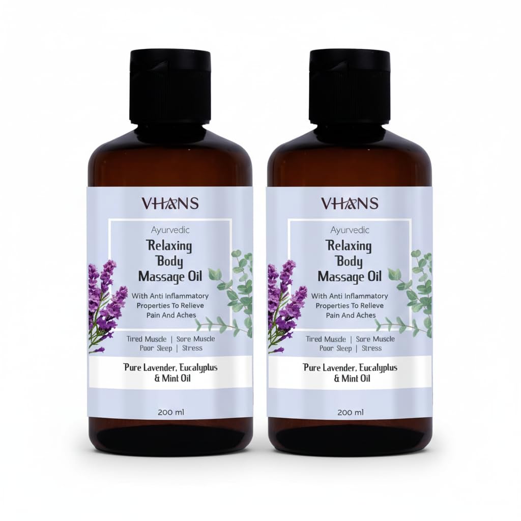 VHANS Ayurvedic Relaxing Body Massage Oil for Pain Relief, Stress Relief & Better Sleep – Pure Lavender, Eucalyptus & Mint Oil Blend for Sore Muscles, Body Aches, Relaxation & Full Body Massage – 200 ml (Pack of 2) (2)