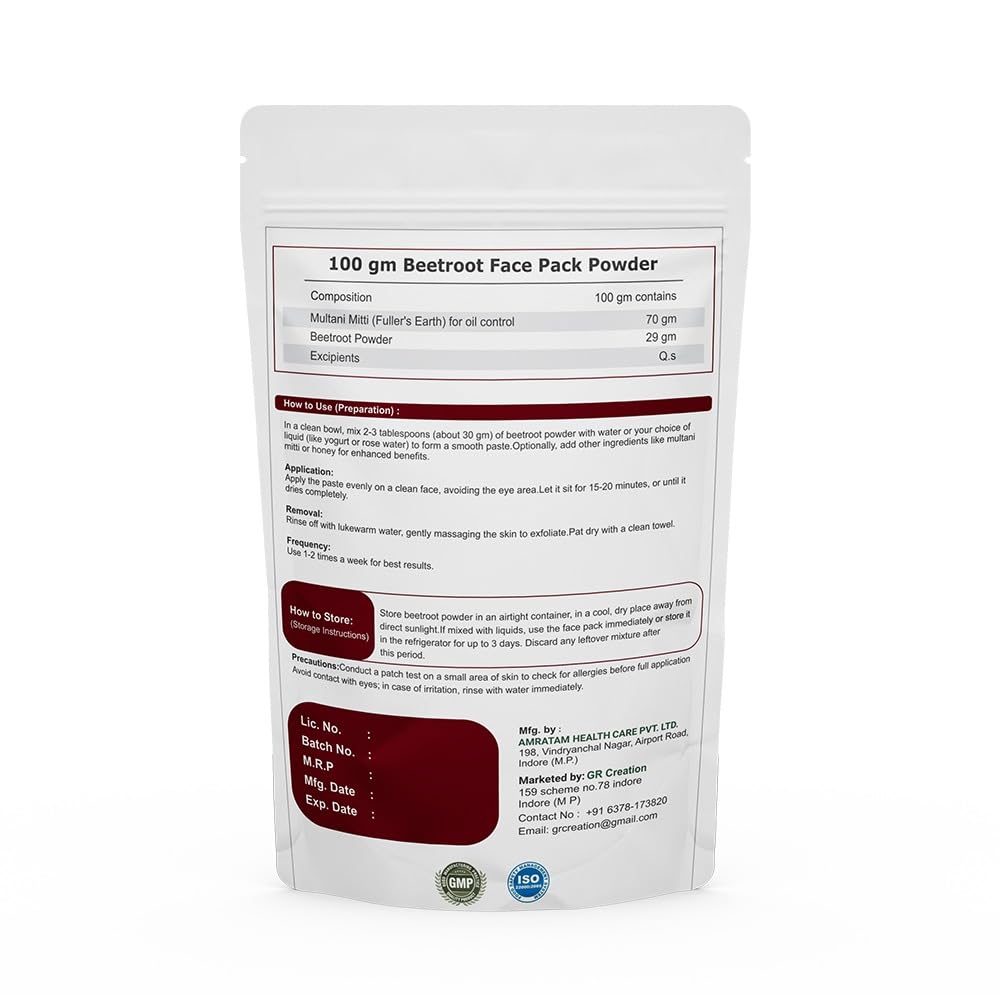 Vital Leaf Beetroot Face Pack Powder with Natural Ingredients, Clay Mask for Basic Skin Care and Cleansing Routine, Suitable for All Skin Types, 3.5 oz (100g)