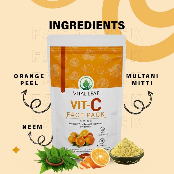 Vital Leaf Vitamin C Face Pack Powder – Ayurvedic Skincare with Orange Peel, Neem & Multani Mitti – 100g, Natural Face Mask for Glowing Skin