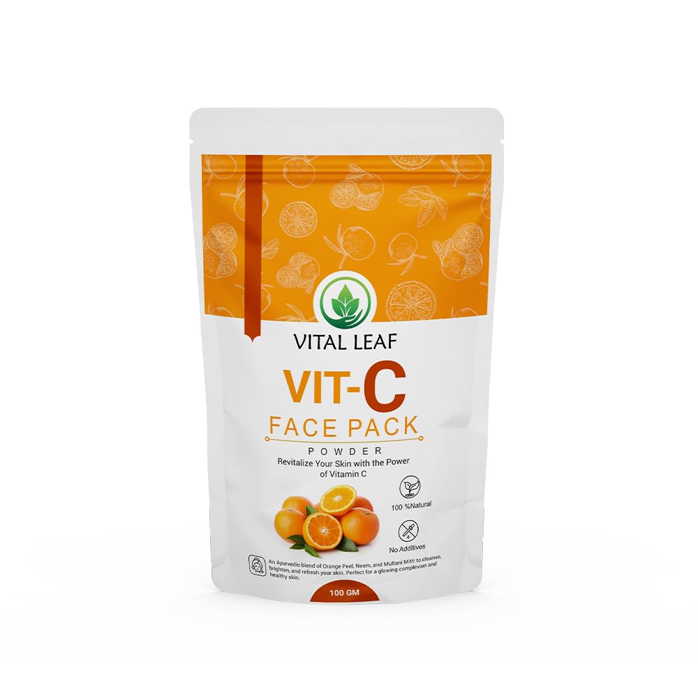 Vital Leaf Vitamin C Face Pack Powder – Ayurvedic Skincare with Orange Peel, Neem & Multani Mitti – 100g, Natural Face Mask for Glowing Skin