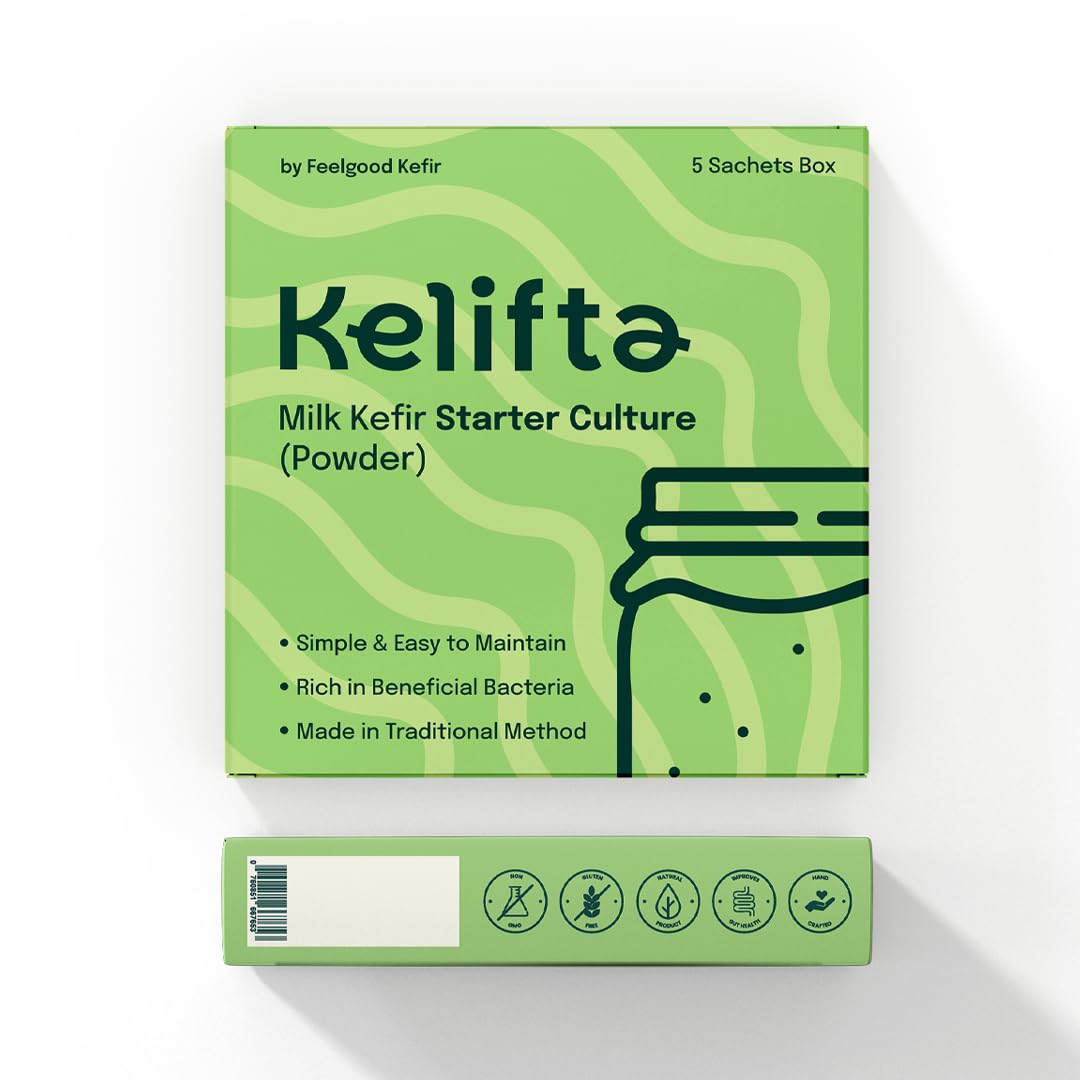 Kelifta by Feelgood Kefir® Milk Kefir Starter Culture Powder | 10 Pack - 50 Sachets | 60+ Live & Active Strains | Ferments 600+ Litres | For Dairy & Plant-Based Milk | Manual, Demo Video & Support