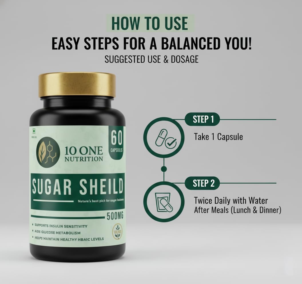 10 One Nutrition Sugar Shield Capsules 500mg (60 Veg Capsules) | Ayurvedic Support for Healthy Blood Sugar & Glucose Metabolism