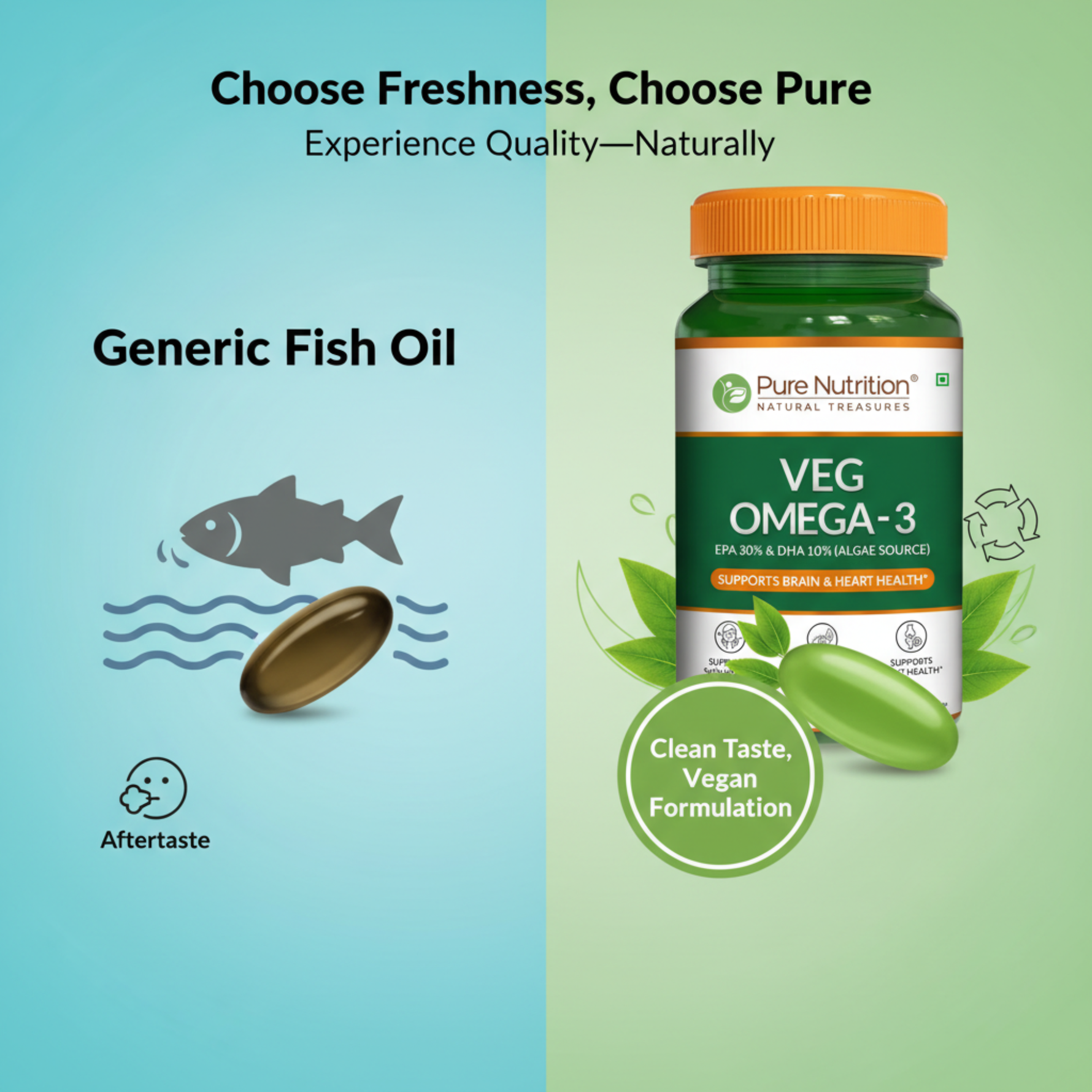 Pure Nutrition Veg Omega-3 Capsules 1600mg (Algae Source) – EPA 30% & DHA 10% - 60 Capsules