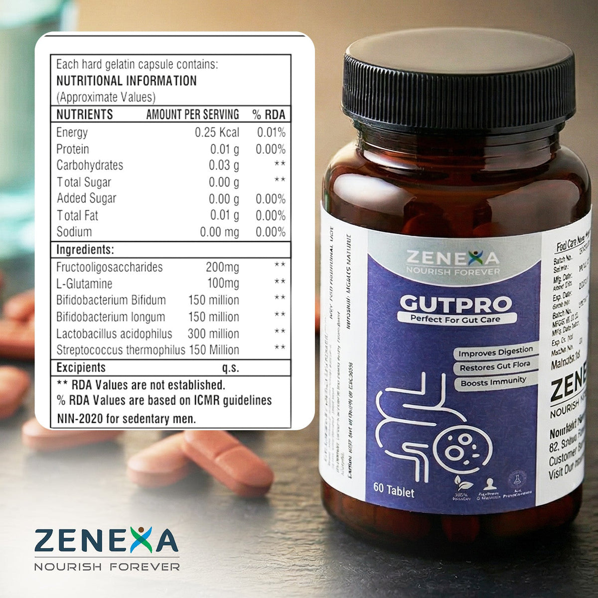 Zenexa Gutpro Probiotic & Prebiotic Tablets | 60 Tablets