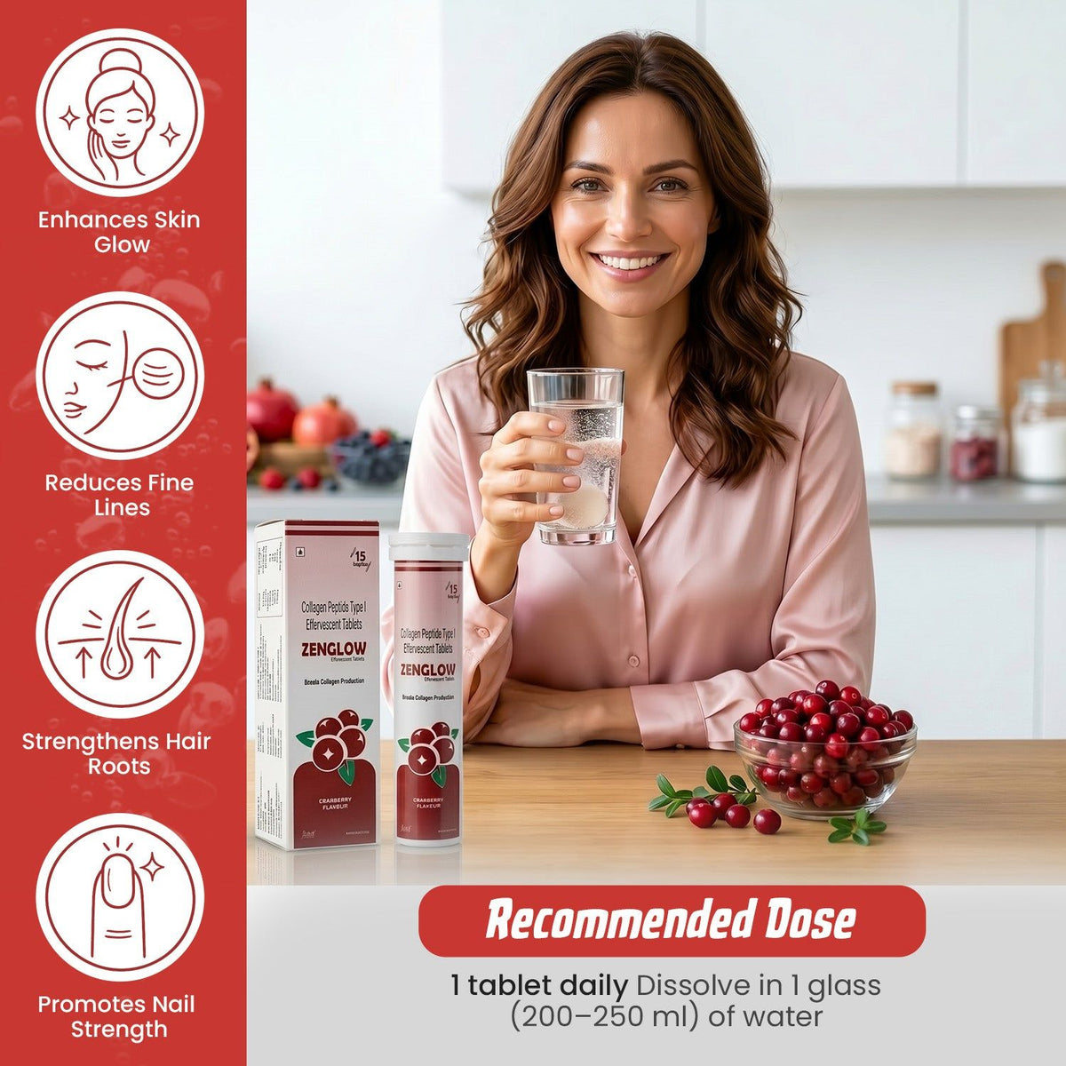 Zenexa Zenglow Collagen Peptide Type I 1000mg Effervescent Tablets | 15 Tablets