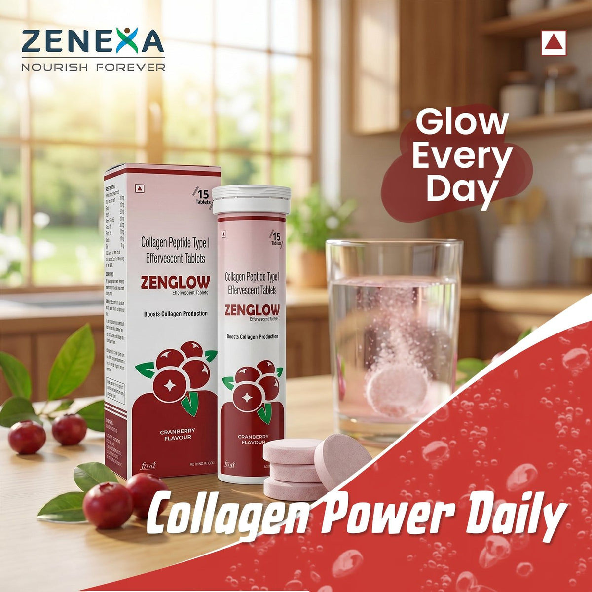 Zenexa Zenglow Collagen Peptide Type I 1000mg Effervescent Tablets | 15 Tablets