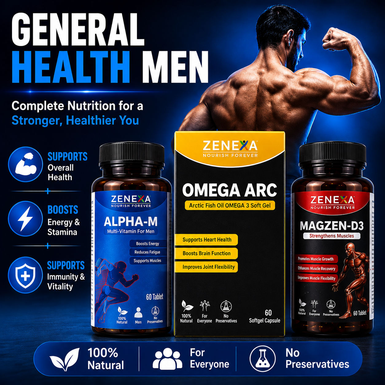Zenexa Men's Health Combo – Alpha-M Multivitamin, Omega Arc & Magzen-D3 Set of 3