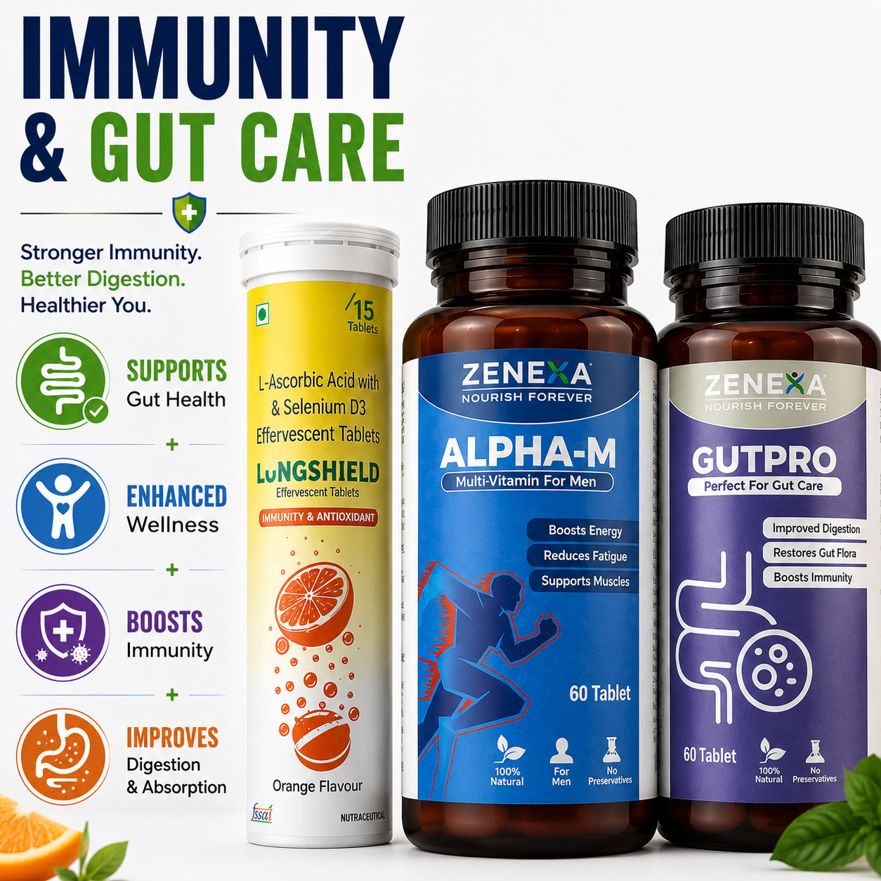 Zenexa Immunity & Gut Care Combo – Alpha-M, Lungshield & Gutpro Set of 3