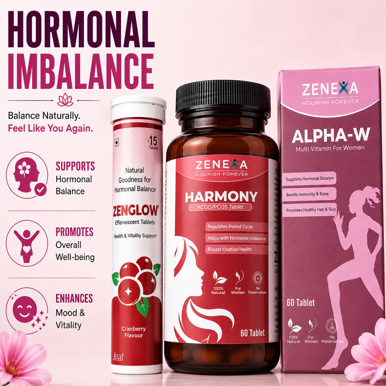 Zenexa Women's Wellness Combo – Alpha-W Multivitamin, Harmony & Zenglow Collagen Set of 3