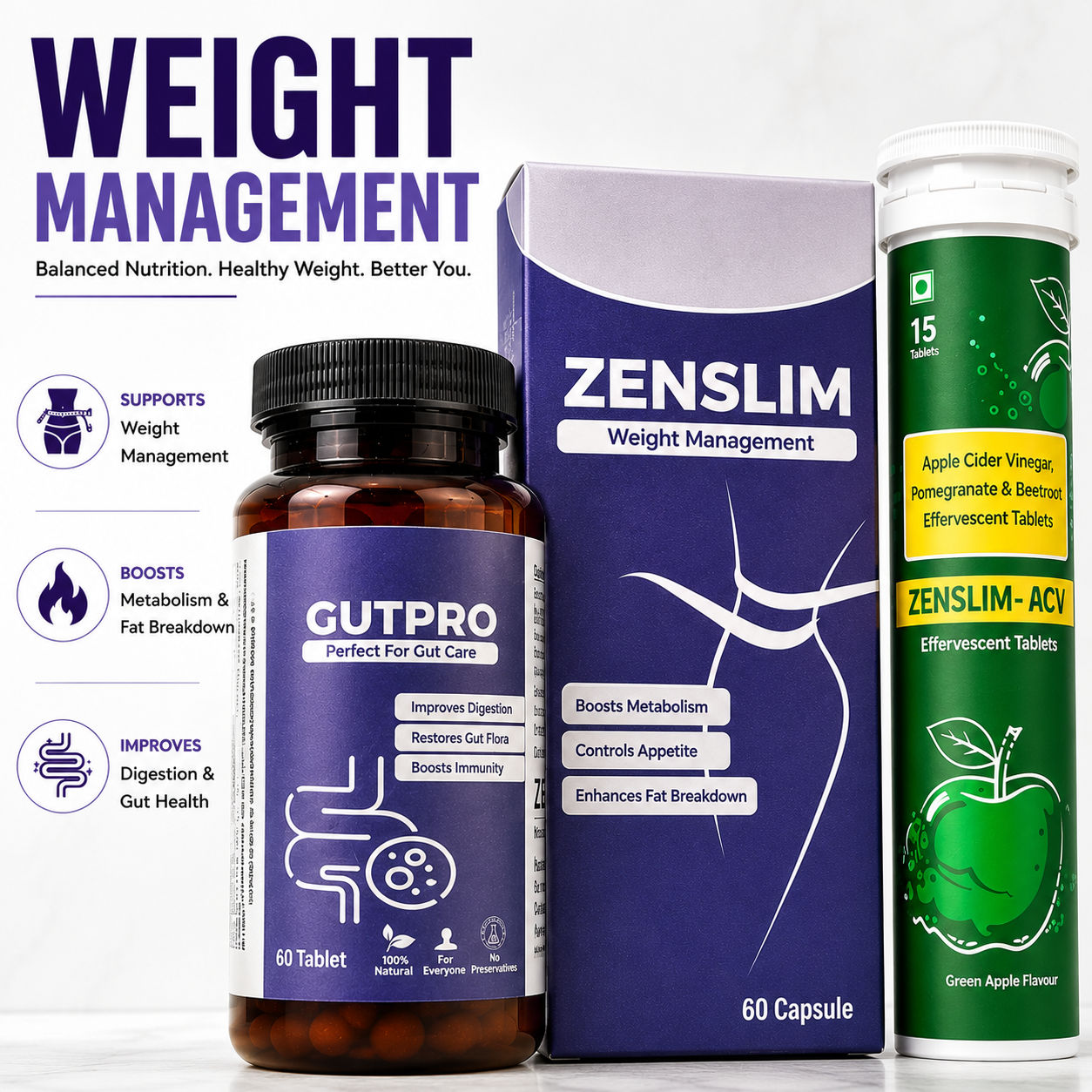 Zenexa Weight Management Combo – Zenslim, Zenslim ACV & Gutpro 1 Month Pack