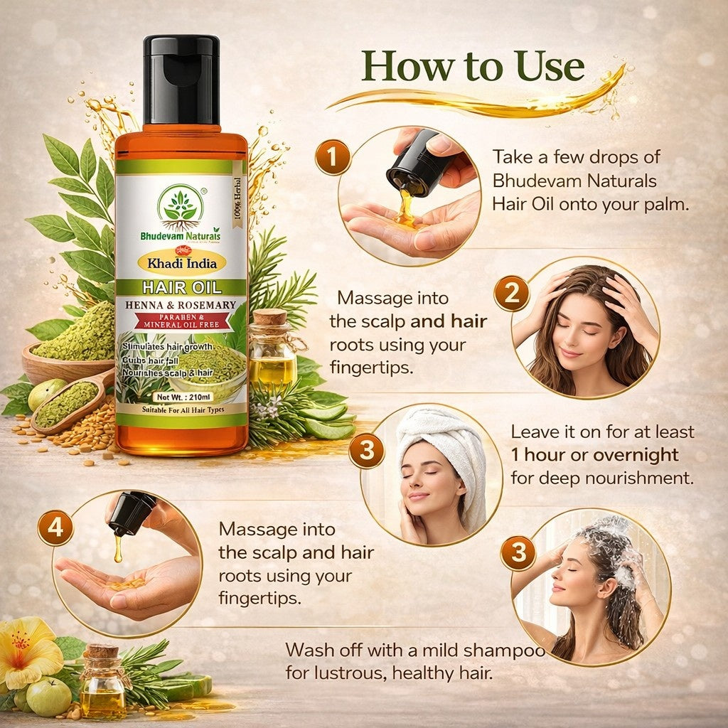 Bhudevam Naturals Khadi Henna Rosemary Hair Oil for Hair Growth & Hair Fall Control- 210ML