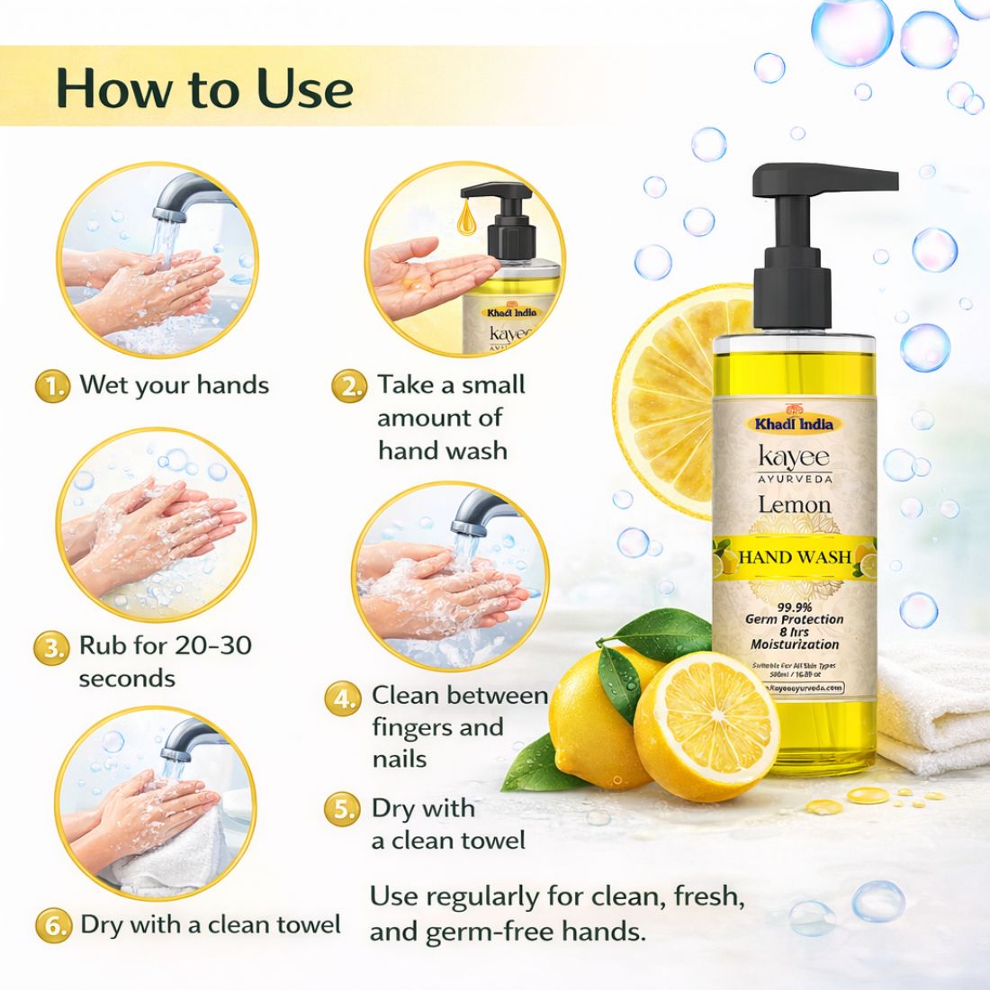 Kayee Ayurveda Lemon Hand Wash | Refreshing Herbal Liquid Hand Wash with Lemon | Effective Daily Cleansing for Clean, Fresh & Soft-Feeling Hands | Citrus Fragrance Hand Wash for Home, Office & Everyday Hand Hygiene | 500 ml