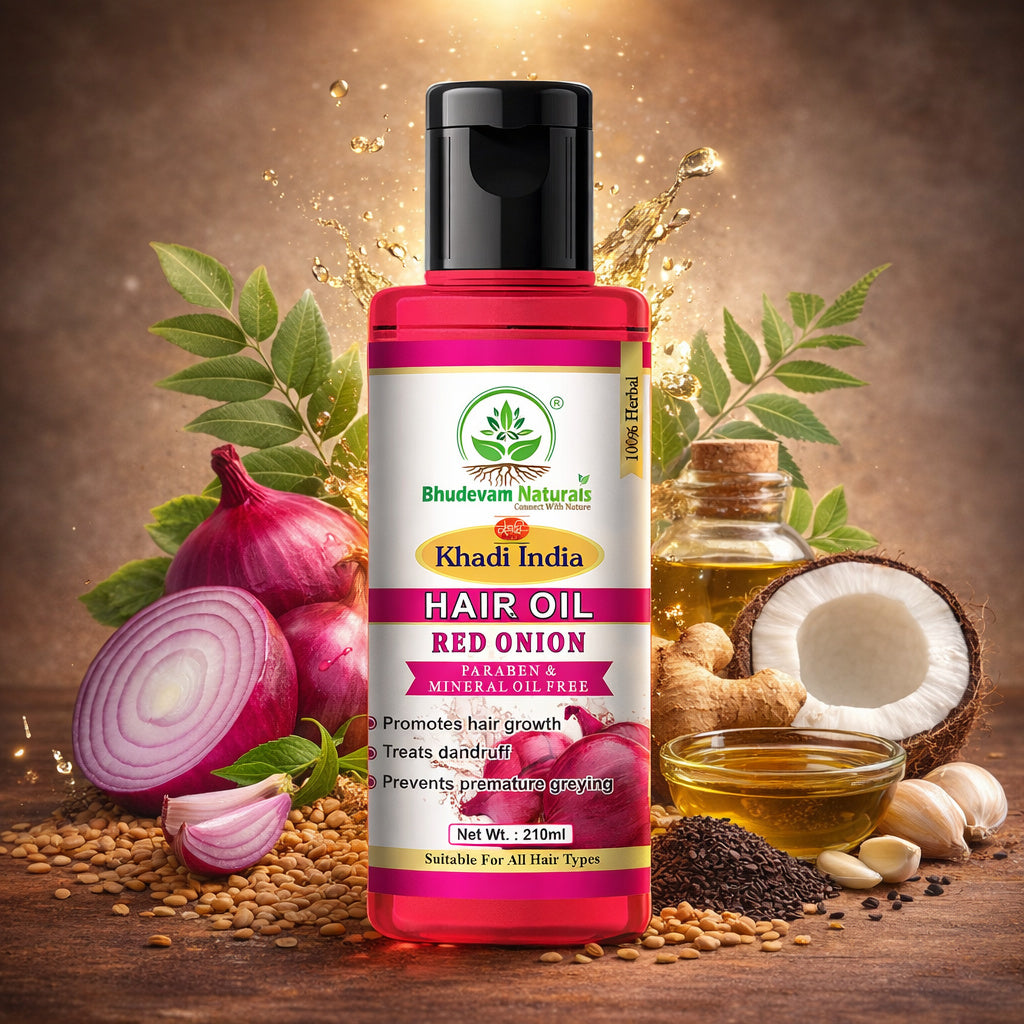 Bhudevam Naturals Khadi Red Onion Hair Oil for Nourished Scalp & Healthy Hair- 210ML