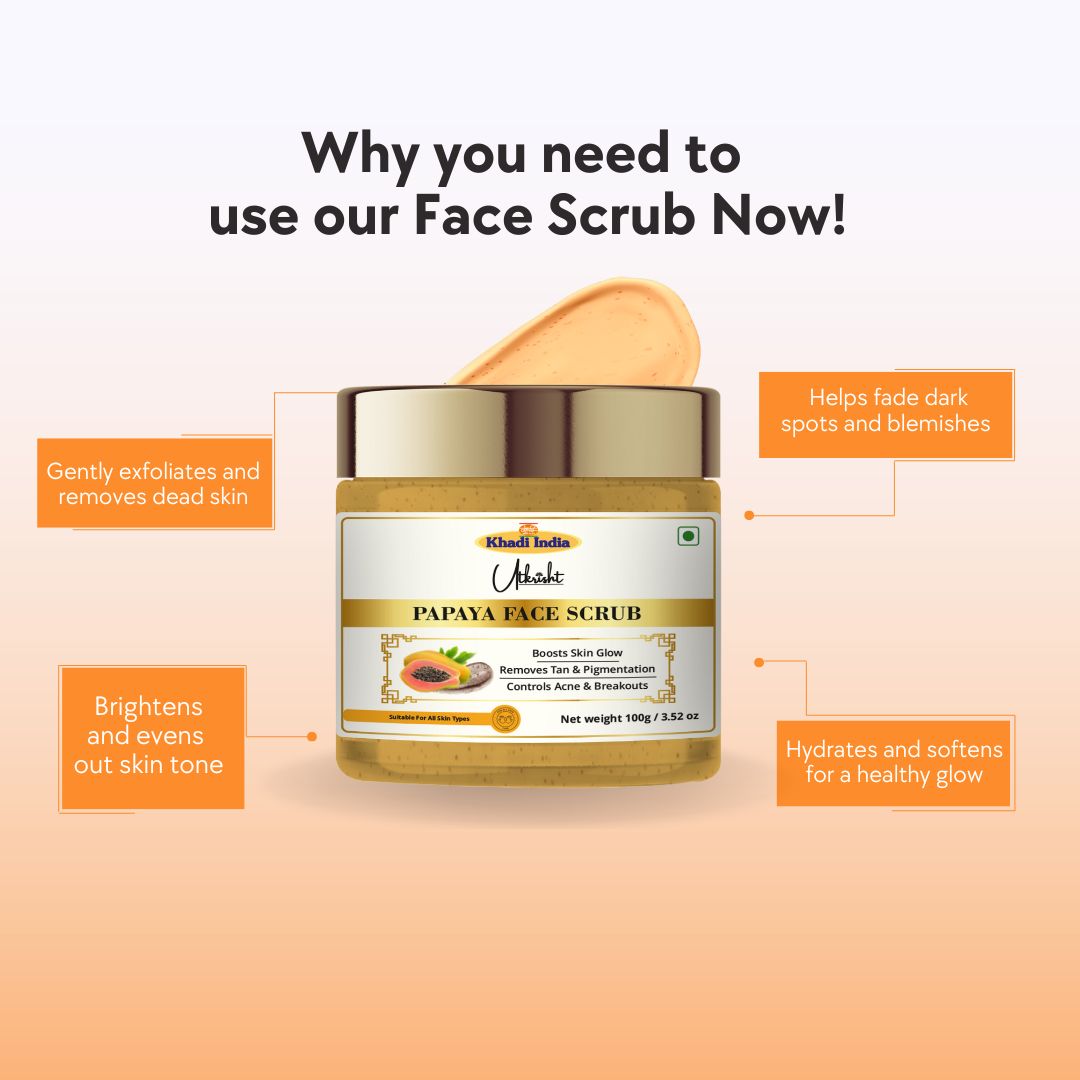 Khadi Papaya Face Scrub | Natural Exfoliating Scrub with Papaya Enzymes | Helps Remove Dead Skin, Dirt & Surface Impurities | De-Tan & Skin Brightening Care | Herbal Ayurvedic Face Scrub for Smooth & Glowing-Looking Skin | For All Skin Types | 100 gm